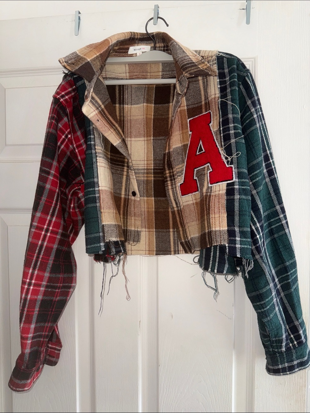 Patchwork Plaid Cropped Flannel Jacket with Red 'A' Patch